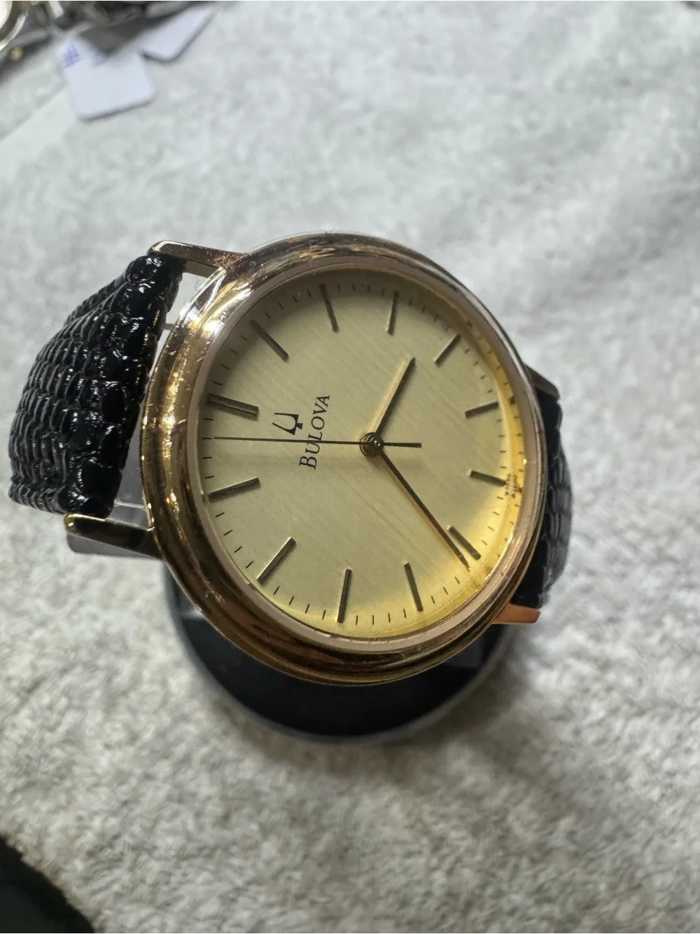 Bulova Gold Dial Men's Watch with Black Leather Strap